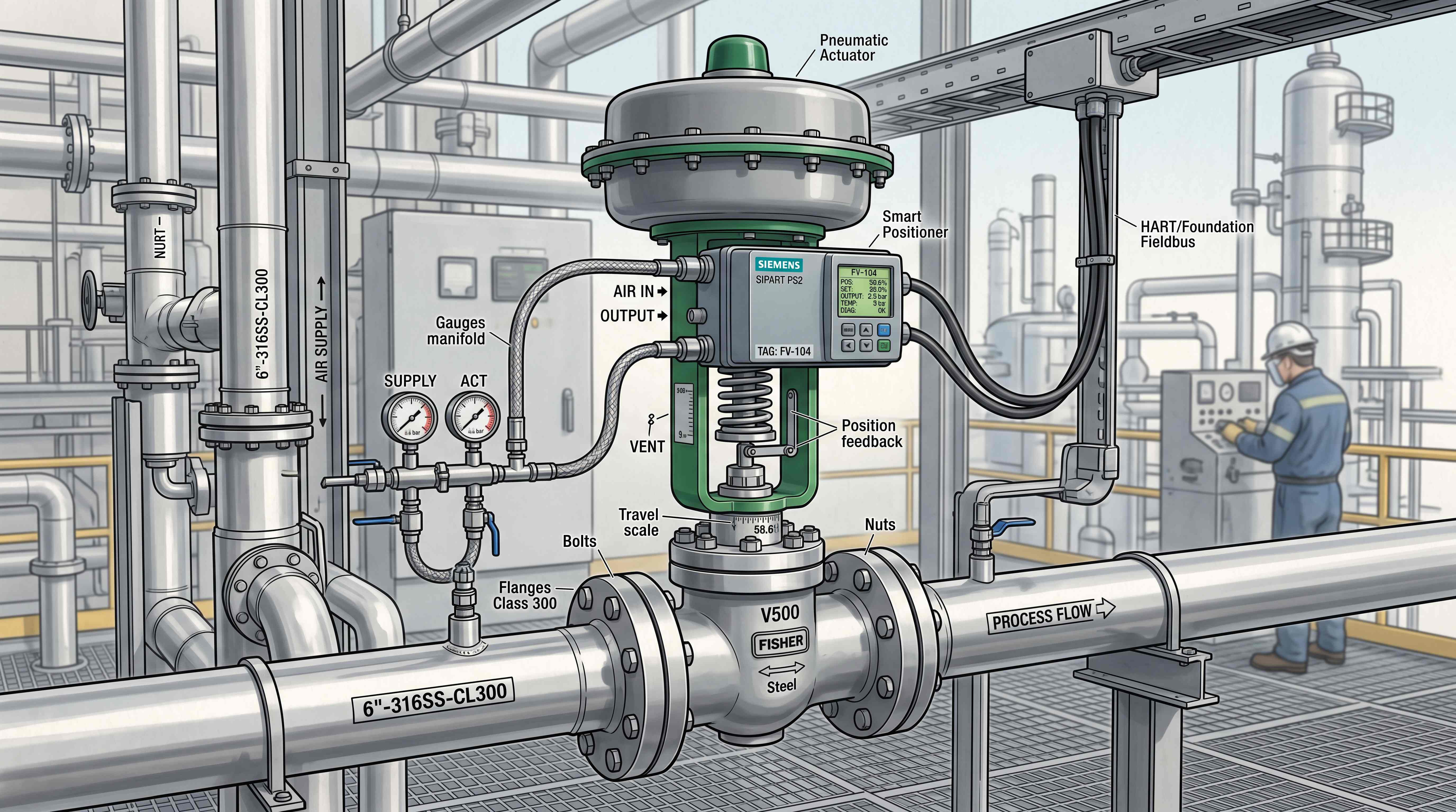 Smart valve positioner installed on a pneumatic control valve for modulating control and position feedback